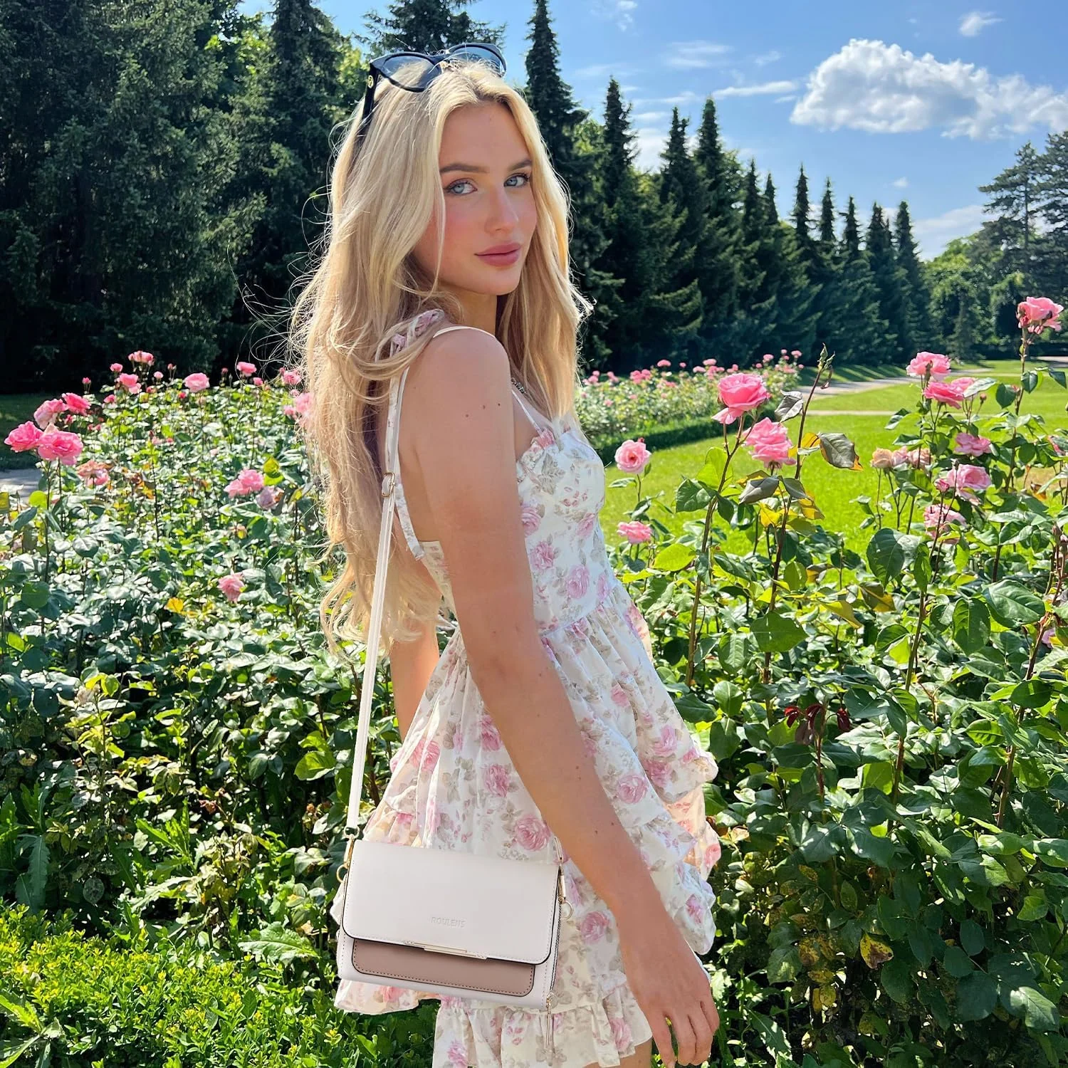 Pocket Phone Crossbody in Beige/Tan, worn