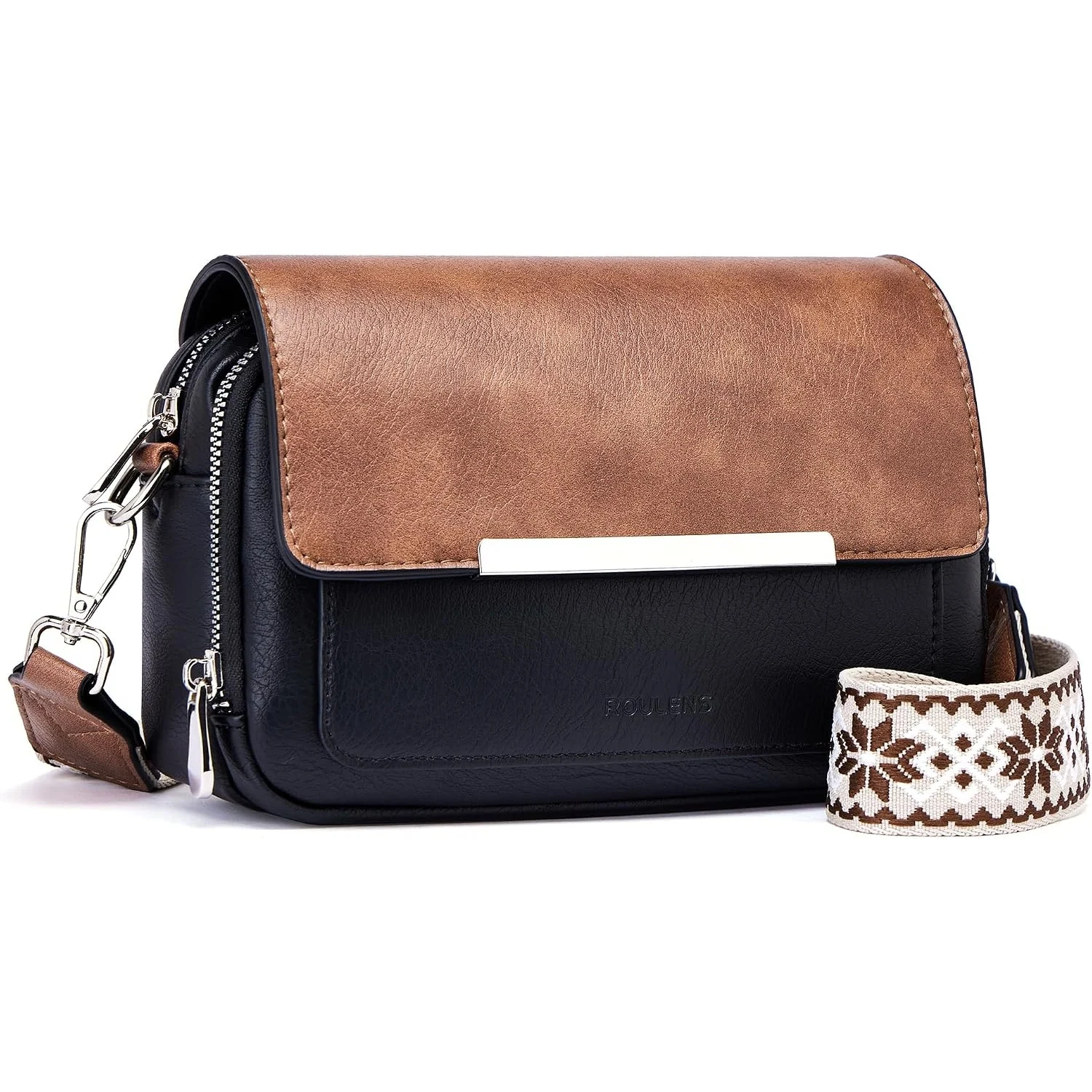 Roulens RFID Camera Crossbody in Black/Brown