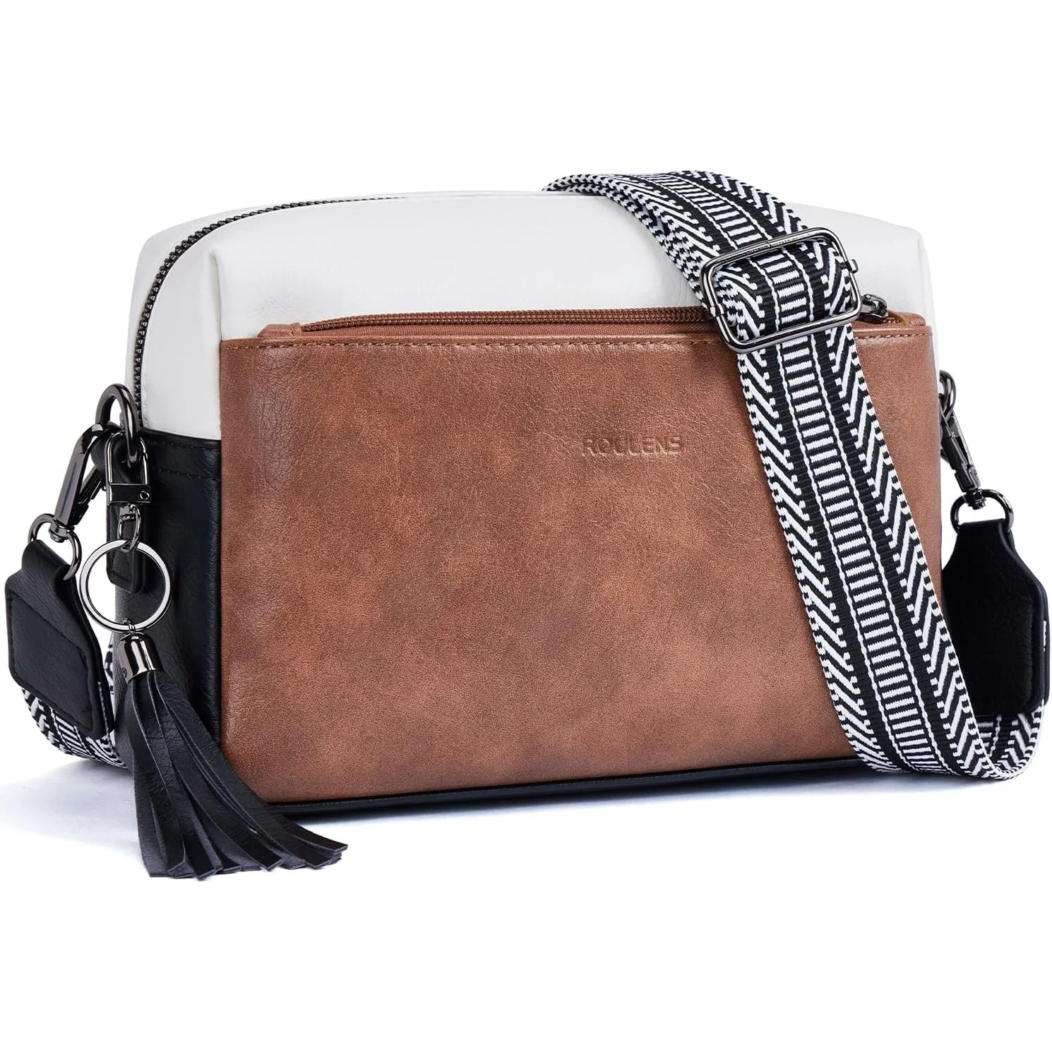 Roulens Triple-Zip Crossbody in Black/White/Brown