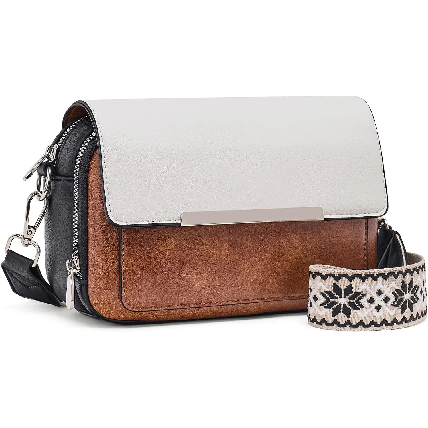 Roulens RFID Camera Crossbody in Black/White/Brown