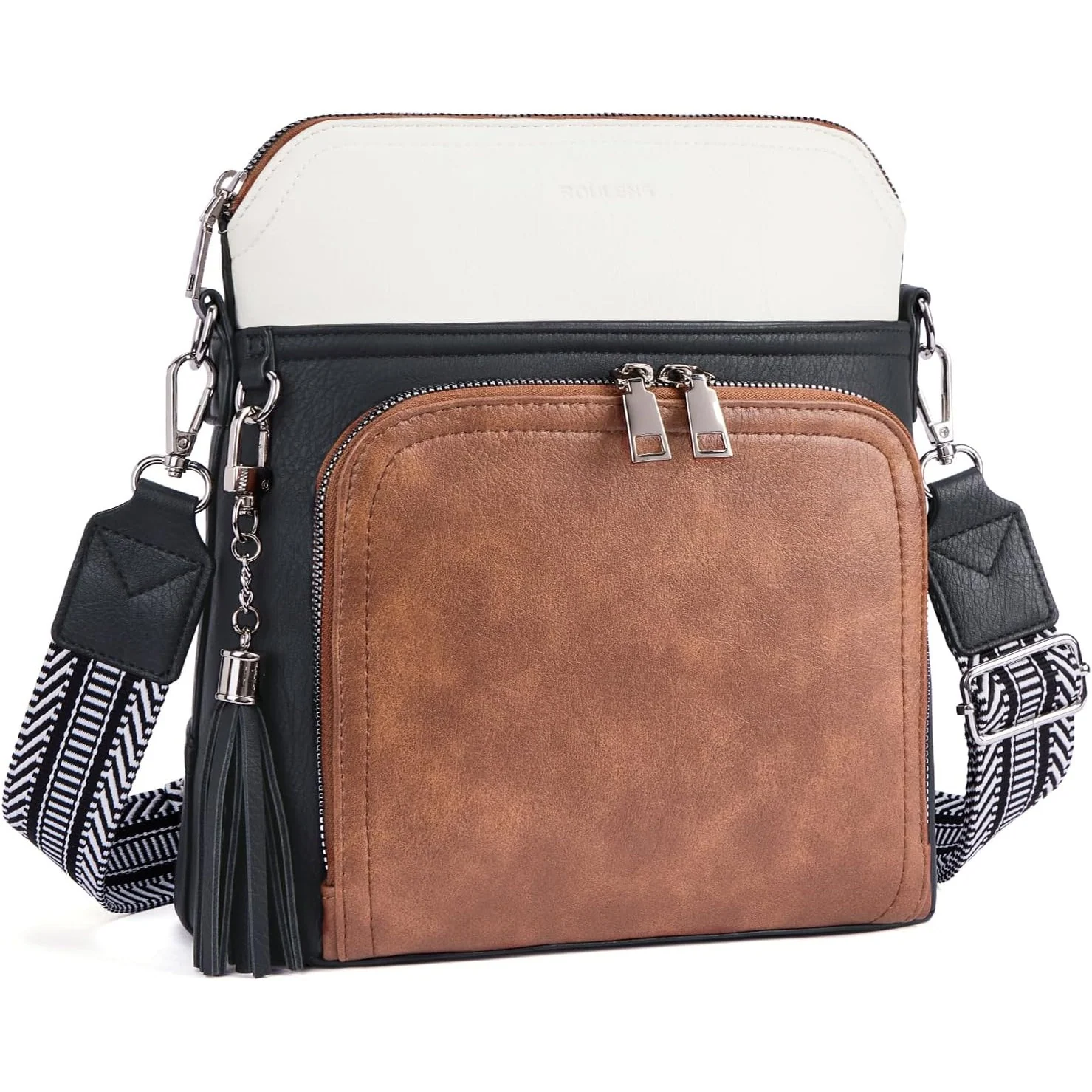 Roulens Tassel Wallet Crossbody in Black/White/Brown